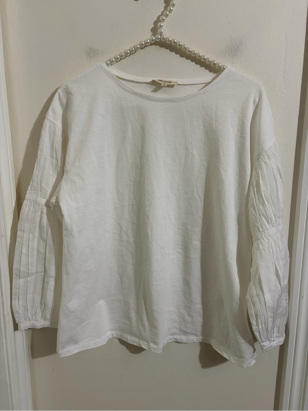Madewell White Long-Sleeve Cotton Blouse with Pleated Sleeves